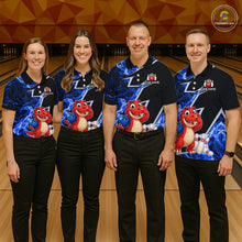 Load image into Gallery viewer, Funny Dinosaur Bowling Jersey For Women Custom Black And Blue Flame Bowling Shirt Polo &amp; 1/4 Zip TDM6367