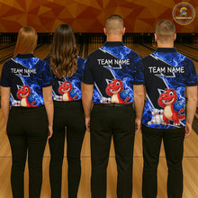 Load image into Gallery viewer, Funny Dinosaur Bowling Jersey For Women Custom Black And Blue Flame Bowling Shirt Polo &amp; 1/4 Zip TDM6367