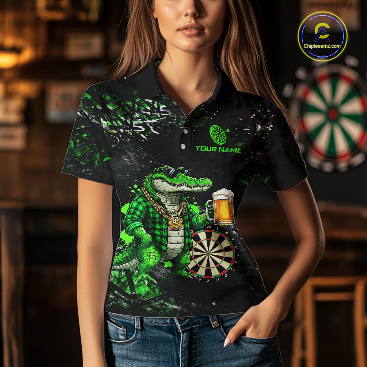 Green Grunge Funny Alligator Darts Shirt For Women Custom Darts Jersey Polo & 1/4 Zip, Darts Gifts TDM6373