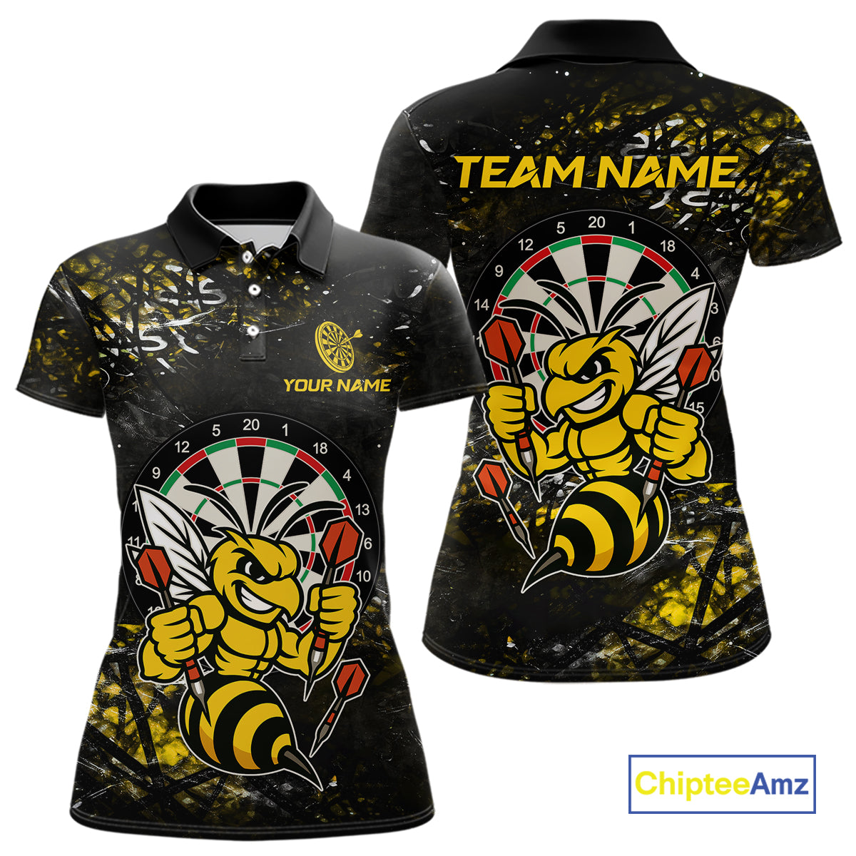 Yellow Grunge Funny Bee Darts Shirt For Women Custom Darts Jersey Team Polo & 1/4 Zip, Darts Gifts TDM6374