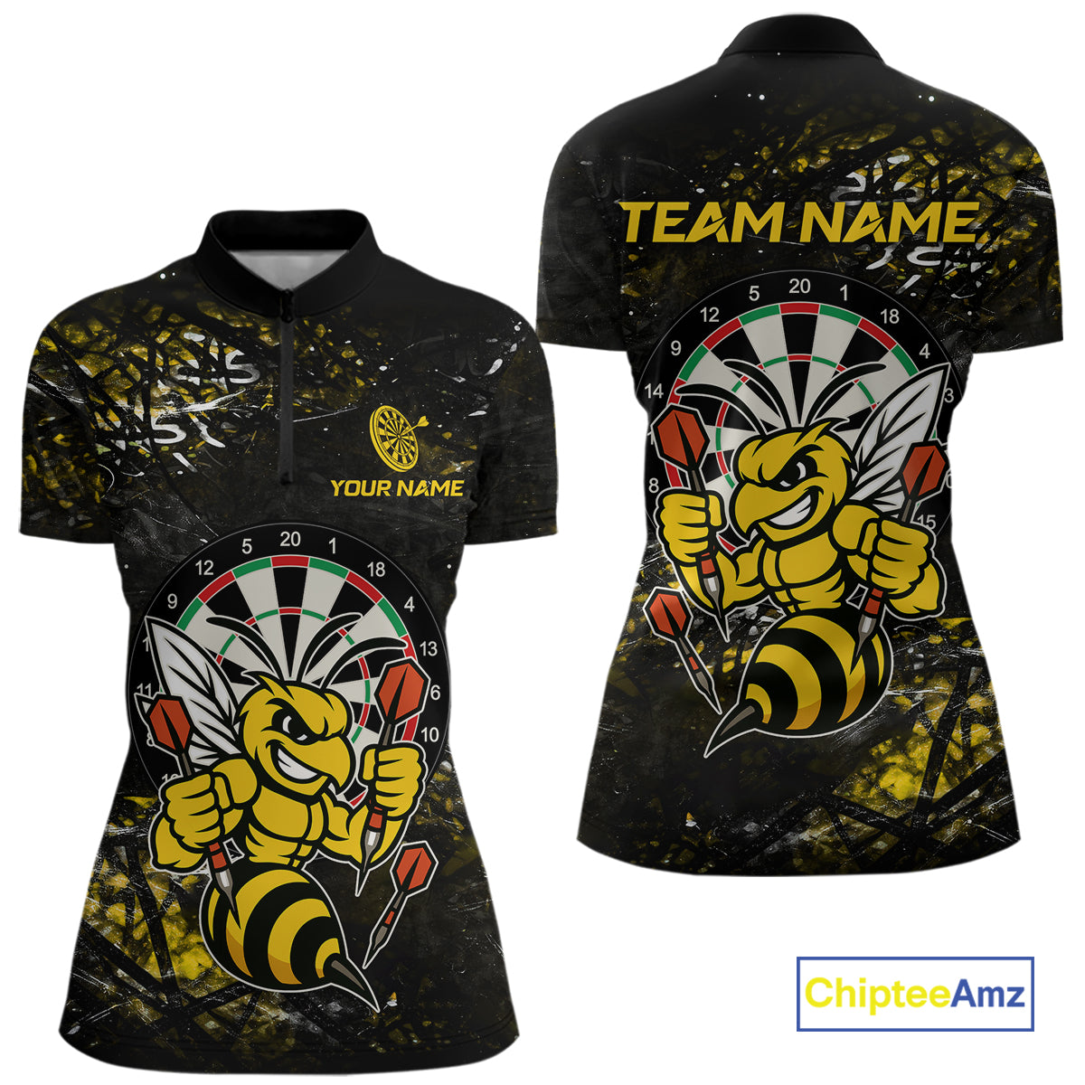 Yellow Grunge Funny Bee Darts Shirt For Women Custom Darts Jersey Team Polo & 1/4 Zip, Darts Gifts TDM6374