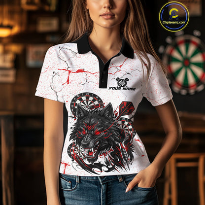 Personalized White Grunge Wolf Darts Shirt For Women Custom Darts Team Jersey Polo & 1/4 Zip| Red TDM5281
