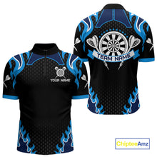 Load image into Gallery viewer, Black And Blue Flaming Darts Jersey Polo &amp; Quarter Zip Custom Darts Team Shirt For Men TDM6146