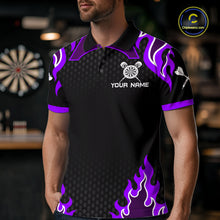 Load image into Gallery viewer, Black And Purple Flaming Darts Jersey Polo &amp; Quarter Zip Custom Darts Team Shirt For Men TDM6147