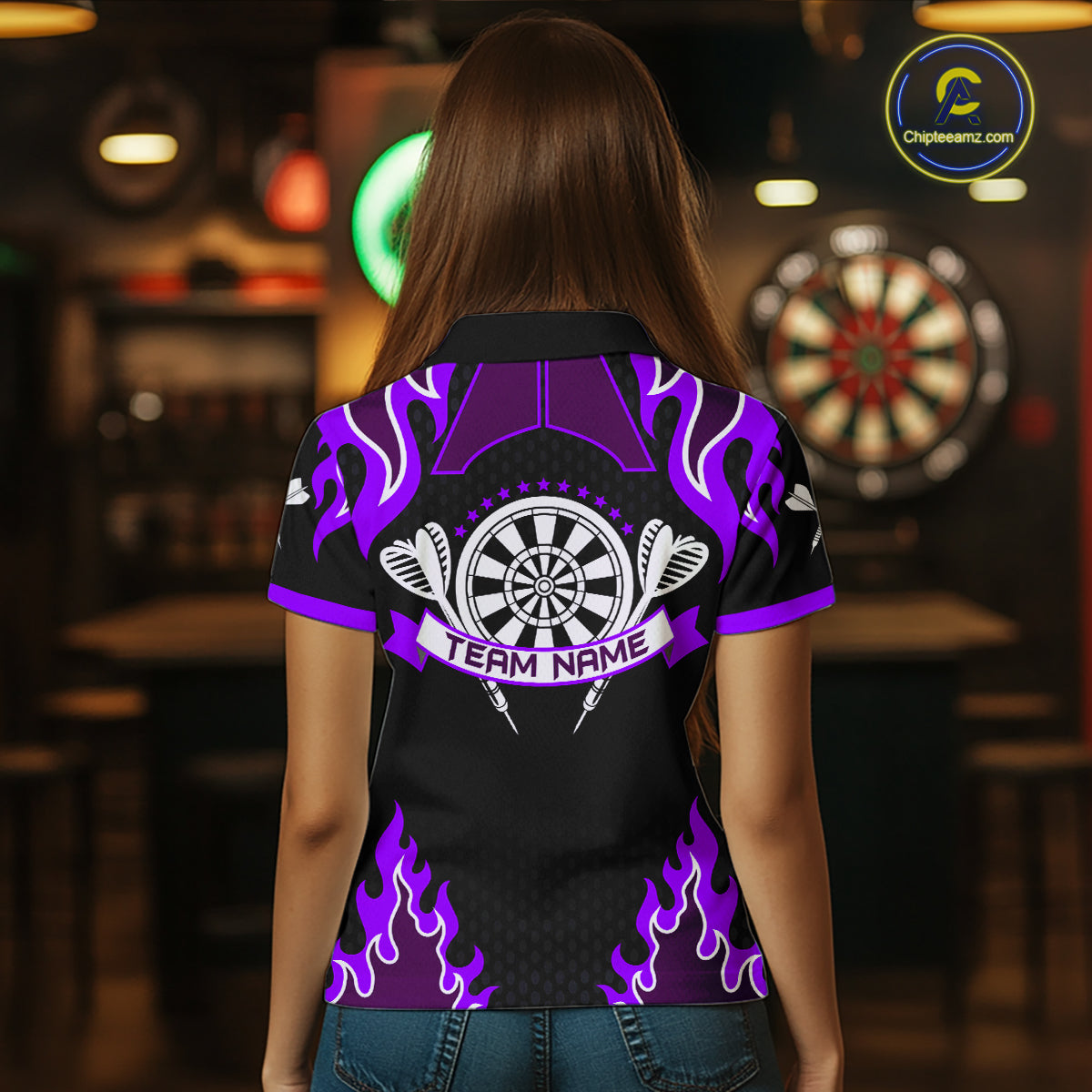Black And Purple Flaming Darts Jersey Polo & Quarter Zip Custom Darts Team Shirt For Women TDM6147