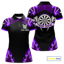 Load image into Gallery viewer, Black And Purple Flaming Darts Jersey Polo &amp; Quarter Zip Custom Darts Team Shirt For Women TDM6147