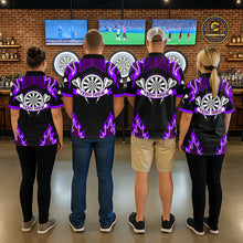 Load image into Gallery viewer, Black And Purple Flaming Darts Jersey Polo &amp; Quarter Zip Custom Darts Team Shirt For Men TDM6147