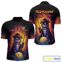 Load image into Gallery viewer, Vintage funny cat 9 ball billiard quarter zip shirt for men designed for league tournaments and team events.