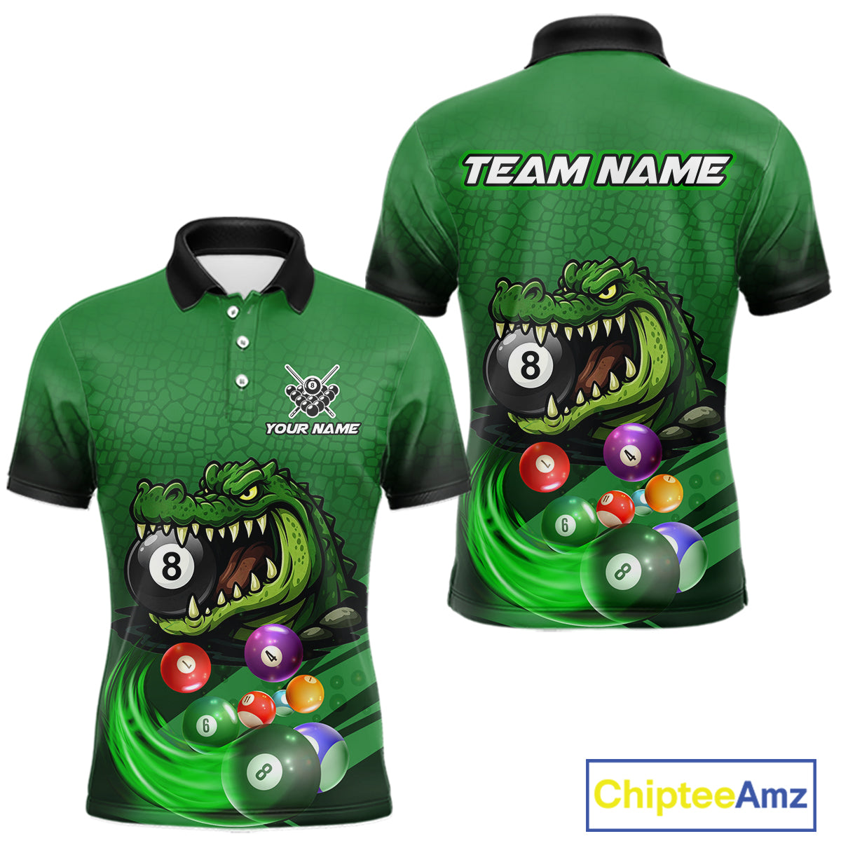 Green polo shirt with an alligator and billiard ball design, featuring customizable "Your Name" and "Team Name" text for a personalized look.