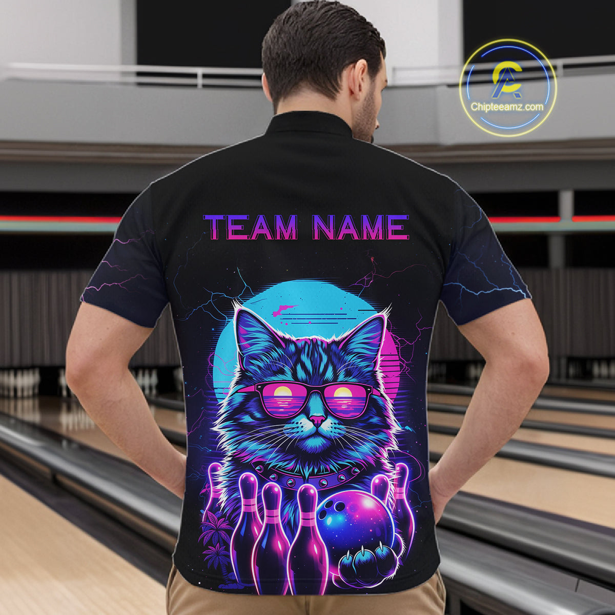 Funny Cat Retro Neon Bowling Shirt For Men Custom Bowling Team Jersey Polo & Quarter Zip TDM5817