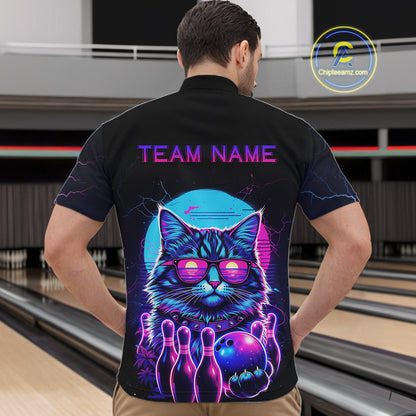 Funny Cat Retro Neon Bowling Shirt For Men Custom Bowling Team Jersey Polo & Quarter Zip TDM5817