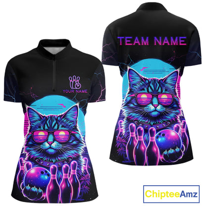 Funny Cat Retro Neon Bowling Shirt For Women Custom Bowling Team Jersey Polo & Quarter Zip TDM5817