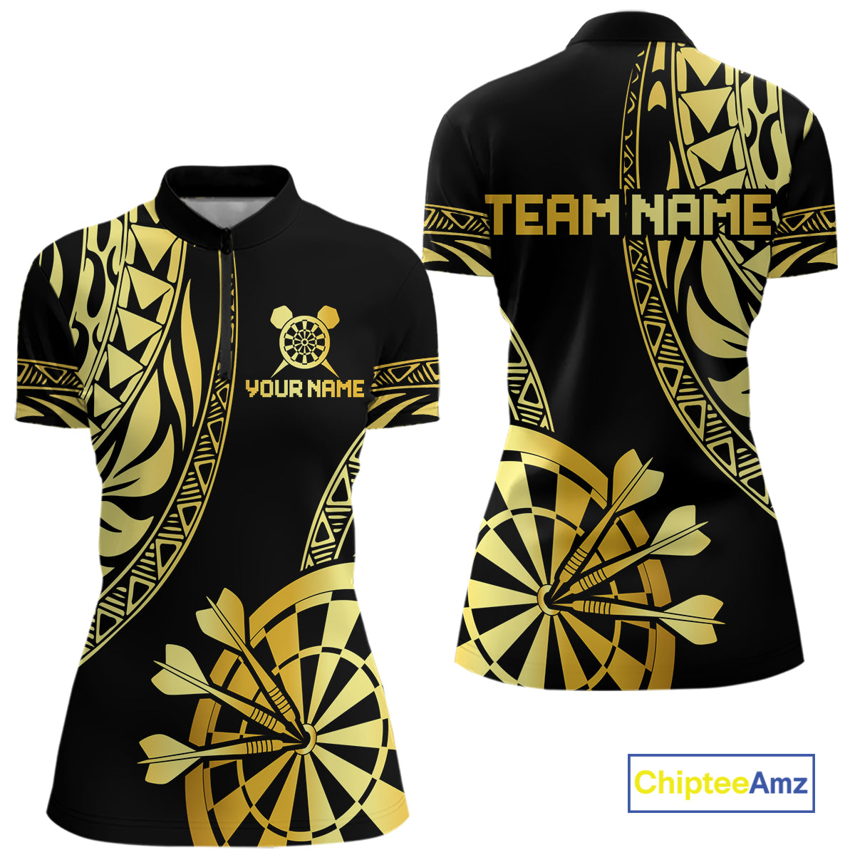 Black and gold tribal darts quarter zip shirt for women with custom player name and team name.