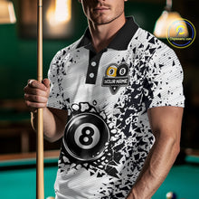 Load image into Gallery viewer, Man wearing a funny crack 8 ball and 9 ball billiard jersey front view, custom pool team shirt.