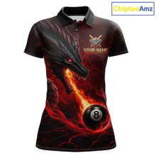 Load image into Gallery viewer, Custom dragon 8 ball pool fire billiard polo shirt for women, red billiard team jersey with dragon flame graphics.