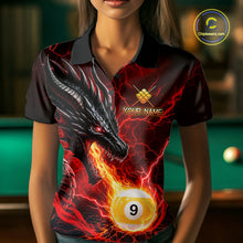 Load image into Gallery viewer, Woman wearing a red dragon 9 ball pool fire billiard jersey front view, custom pool team shirt.