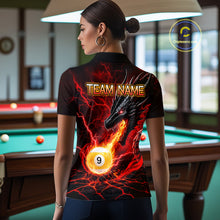 Load image into Gallery viewer, Back view of woman wearing a red dragon 9 ball pool fire billiard team jersey.