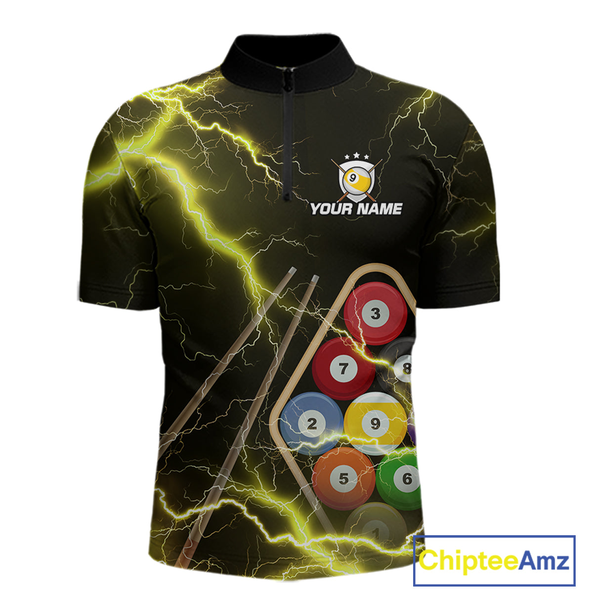 Yellow 9 Ball Thunder Lightning Billiard Shirts For Men Custom Pool Team Jersey Polo & 1/4 Zip TDM5980