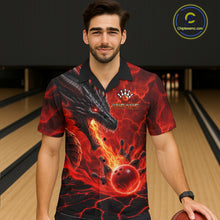 Load image into Gallery viewer, Man wearing personalized dragon bowling Hawaiian shirt with red fire flame design front view.