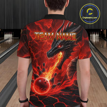 Load image into Gallery viewer, Man wearing dragon fire flame red bowling polo shirt back view.
