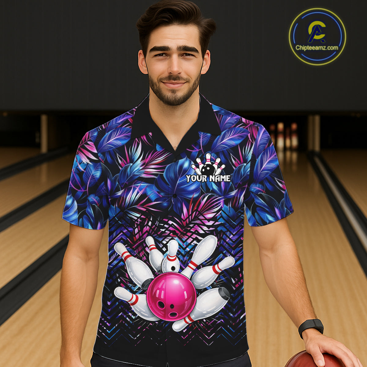 Blue And Pink Tropical Floral Bowling Hawaiian Shirt For Men Women Custom Bowling Team Jersey TDM6222