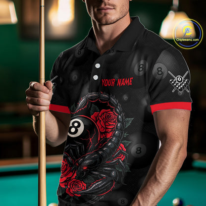 Black Red 8 Ball Scorpion Roses Billiard Shirt For Men Custom Pool Team Shirt, Billiard Jersey TDM5345