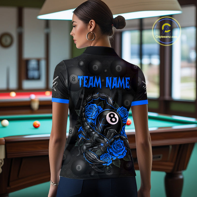 Black Blue 8 Ball Scorpion Roses Billiard Shirt For Women Custom Pool Team Shirt, Billiard Jersey TDM5346