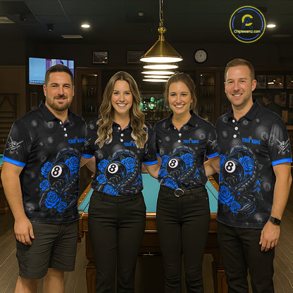 Black Blue 8 Ball Scorpion Roses Billiard Shirt For Men Custom Pool Team Shirt, Billiard Jersey TDM5346