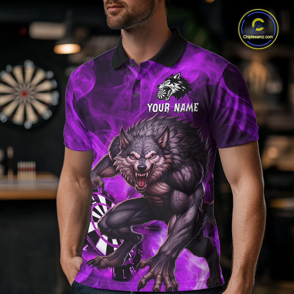 Purple Flaming Wolf Darts Shirt For Men Custom Darts League Jersey Team Polo & Quarter Zip TDM5358