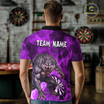 Purple Flaming Wolf Darts Shirt For Men Custom Darts League Jersey Team Polo & Quarter Zip TDM5358