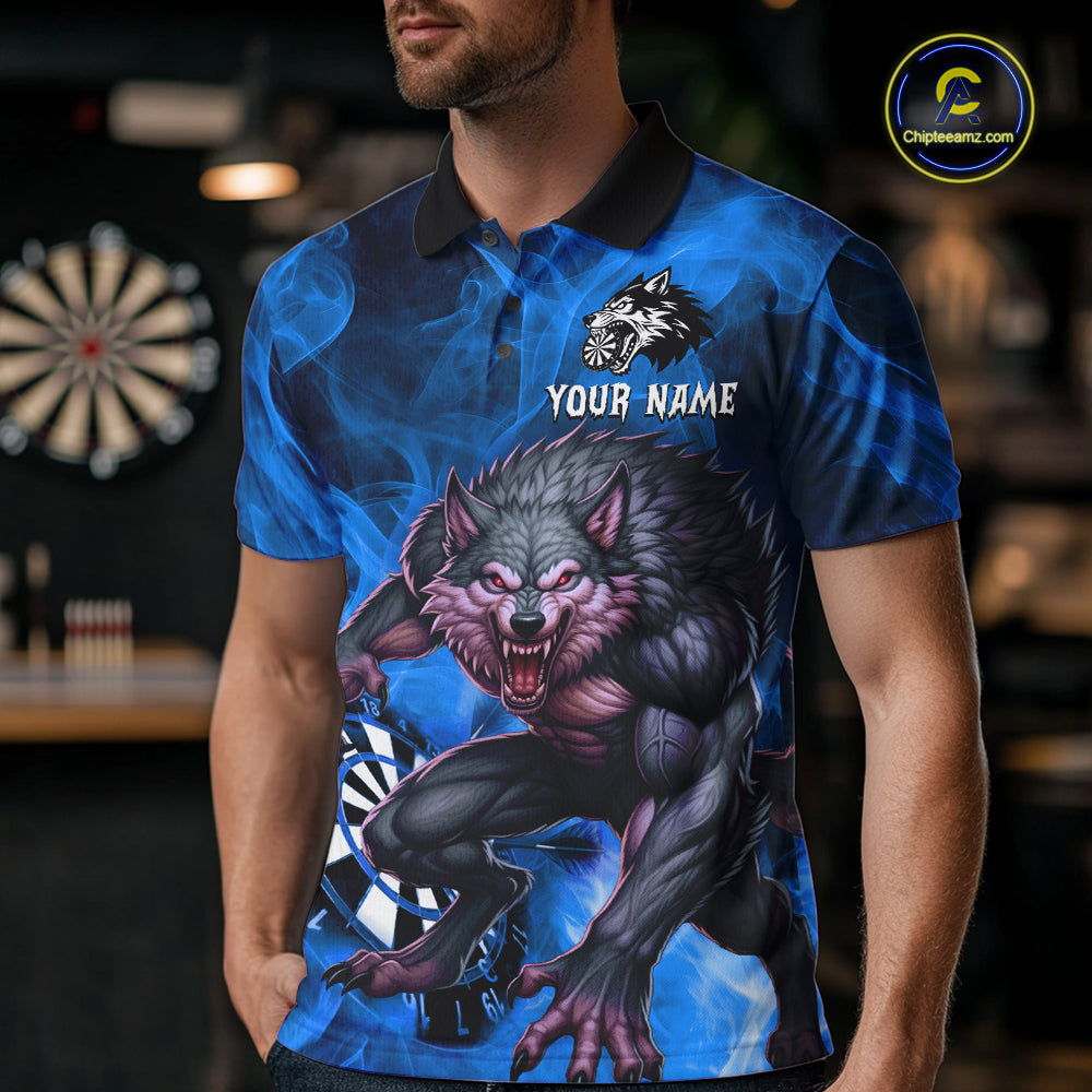 Blue Flaming Wolf Darts Shirt For Men Custom Darts League Jersey Team Polo & Quarter Zip TDM5360