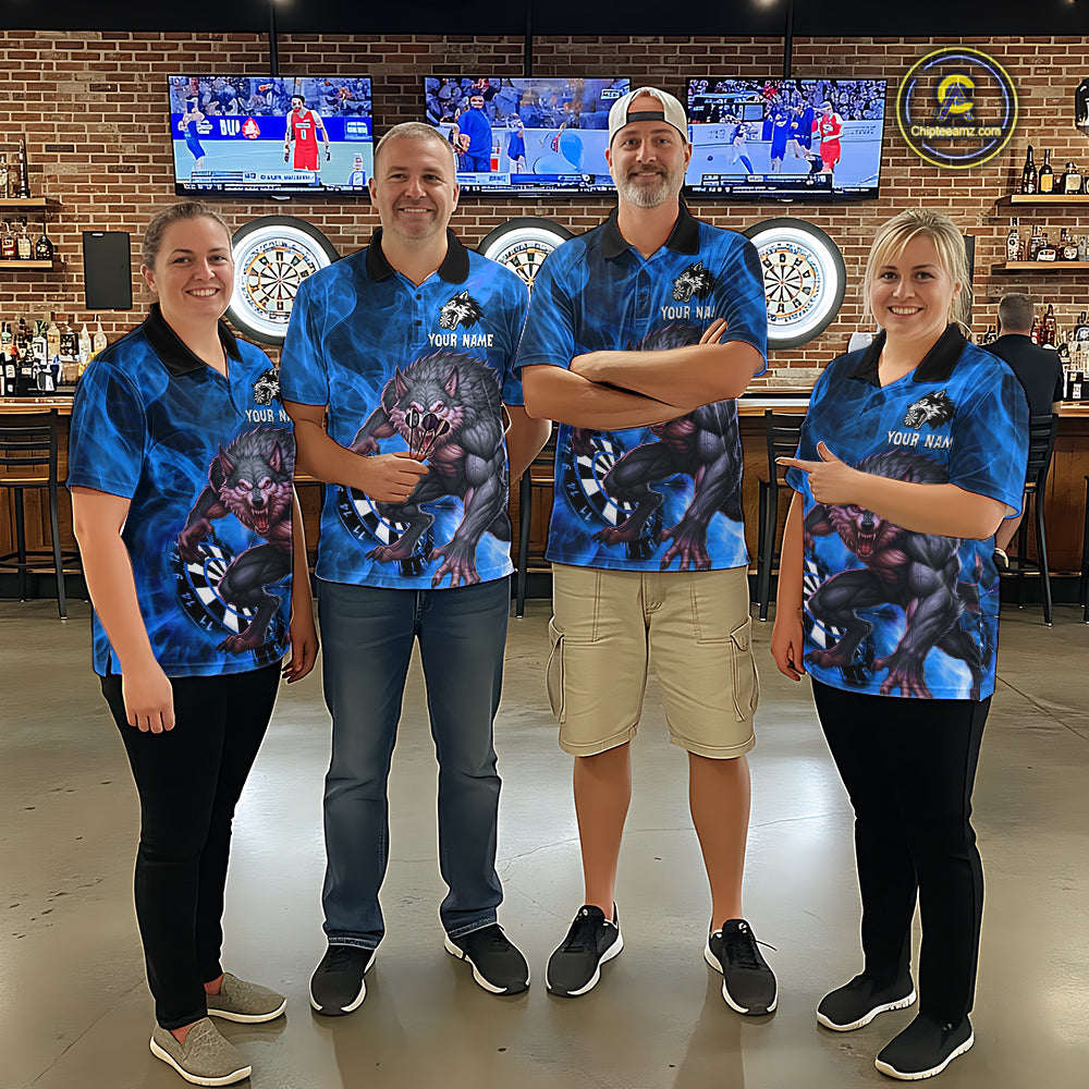 Blue Flaming Wolf Darts Shirt For Women Custom Darts League Jersey Team Polo & Quarter Zip TDM5360