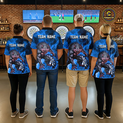 Blue Flaming Wolf Darts Shirt For Women Custom Darts League Jersey Team Polo & Quarter Zip TDM5360