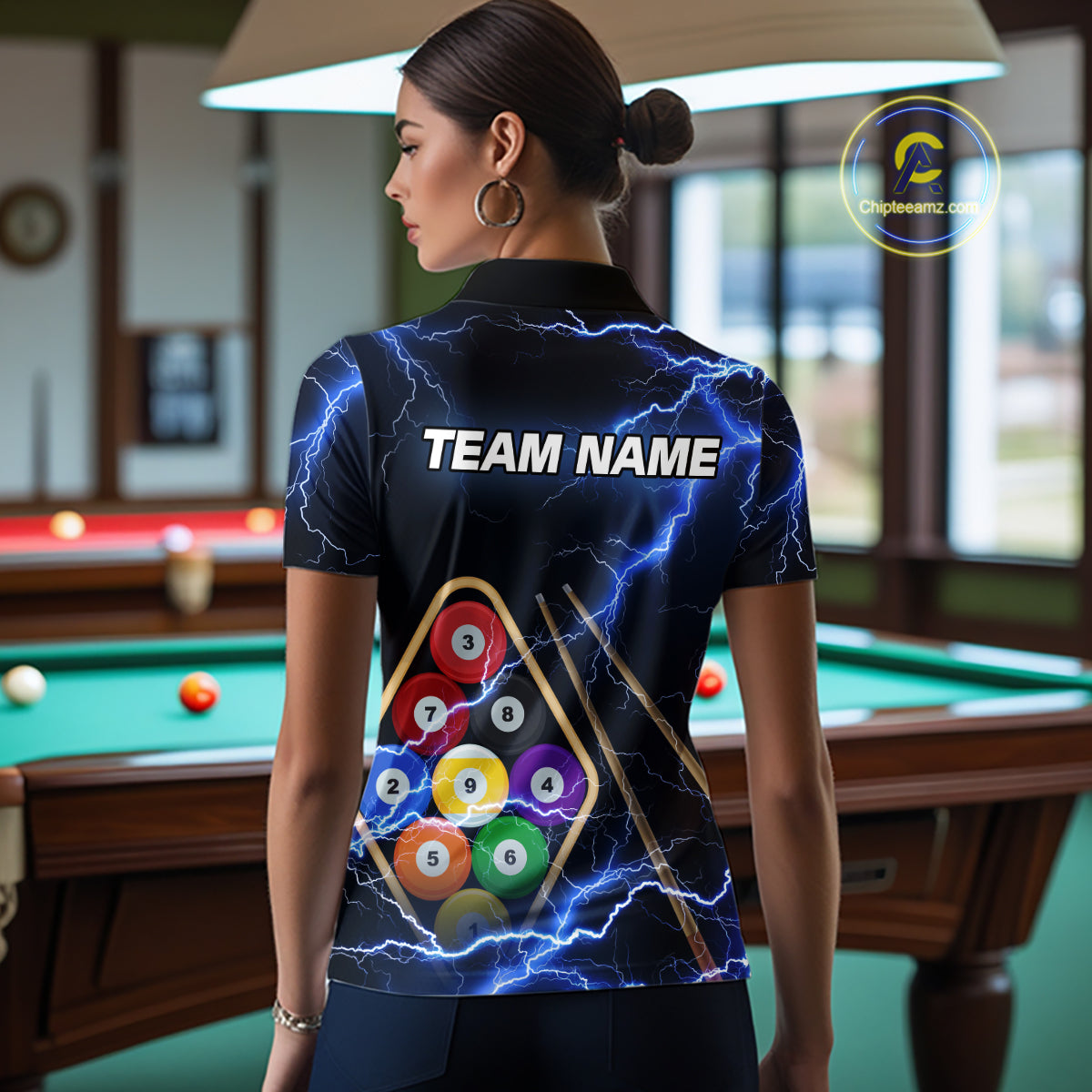 Blue 9 Ball Thunder Lightning Billiard Shirts For Women Custom 9 Ball Pool Team Jersey Polo, 1/4 Zip TDM5633