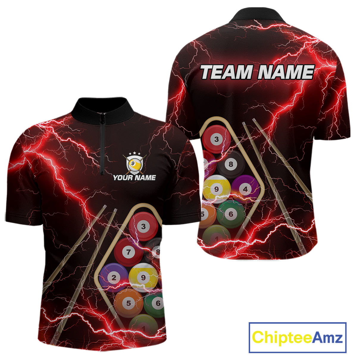 Red 9 Ball Thunder Lightning Billiard Shirts For Men Custom 9 Ball Pool Team Jersey Polo & 1/4 Zip TDM5635