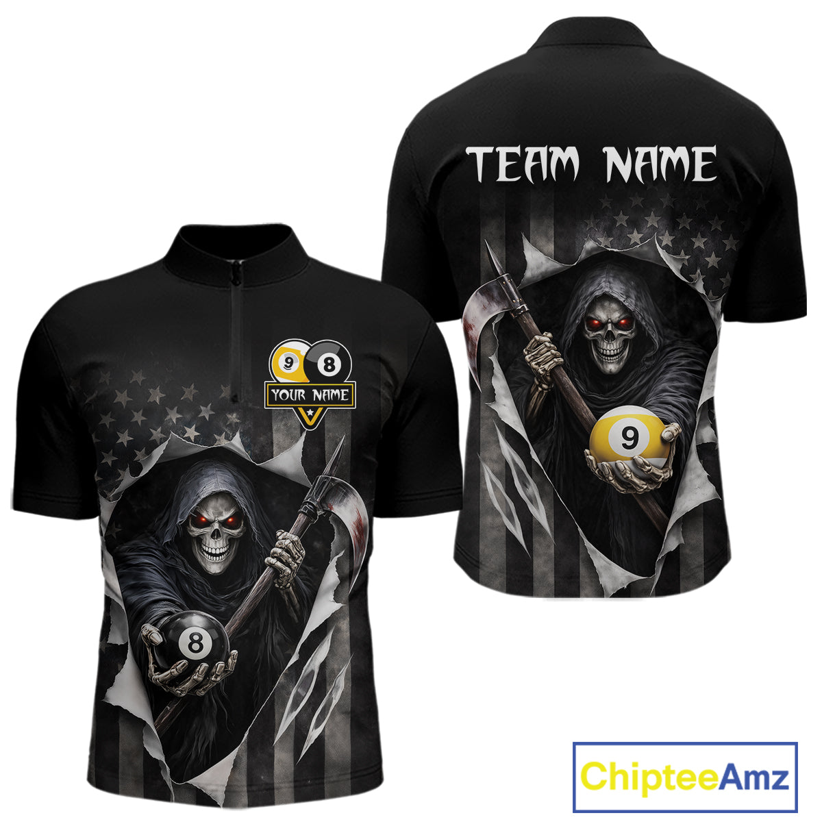 Grim Reaper 8 Ball & 9 Ball US Flag Billiard Shirt For Men Custom Pool Team Jersey Polo & 1/4 Zip TDM5639