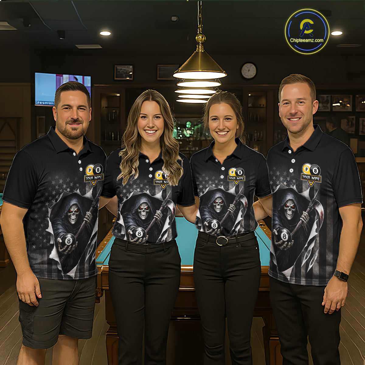 Grim Reaper 8 Ball & 9 Ball US Flag Billiard Shirt For Women Custom Pool Team Jersey Polo & 1/4 Zip TDM5639