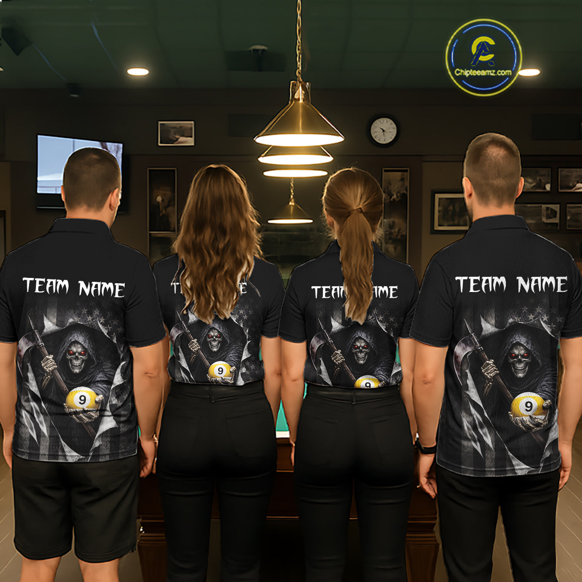 Grim Reaper 8 Ball & 9 Ball US Flag Billiard Shirt For Women Custom Pool Team Jersey Polo & 1/4 Zip TDM5639