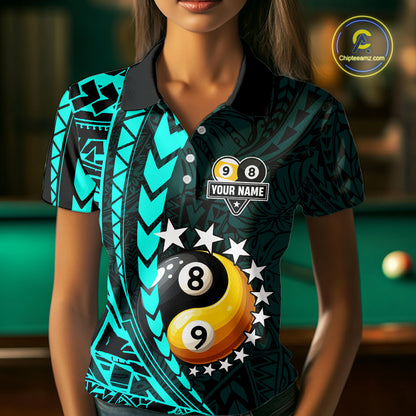 Custom Turquoise Tribal 8 Ball & 9 Ball Yin-Yang Billiard Shirt For Women, Funny Pool Team Jersey TDM5844