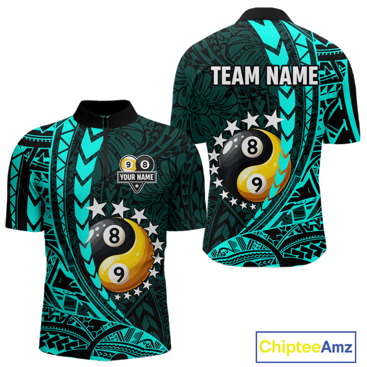 Custom Turquoise Tribal 8 Ball & 9 Ball Yin-Yang Billiard Shirt For Men, Funny Pool Team Jersey TDM5844