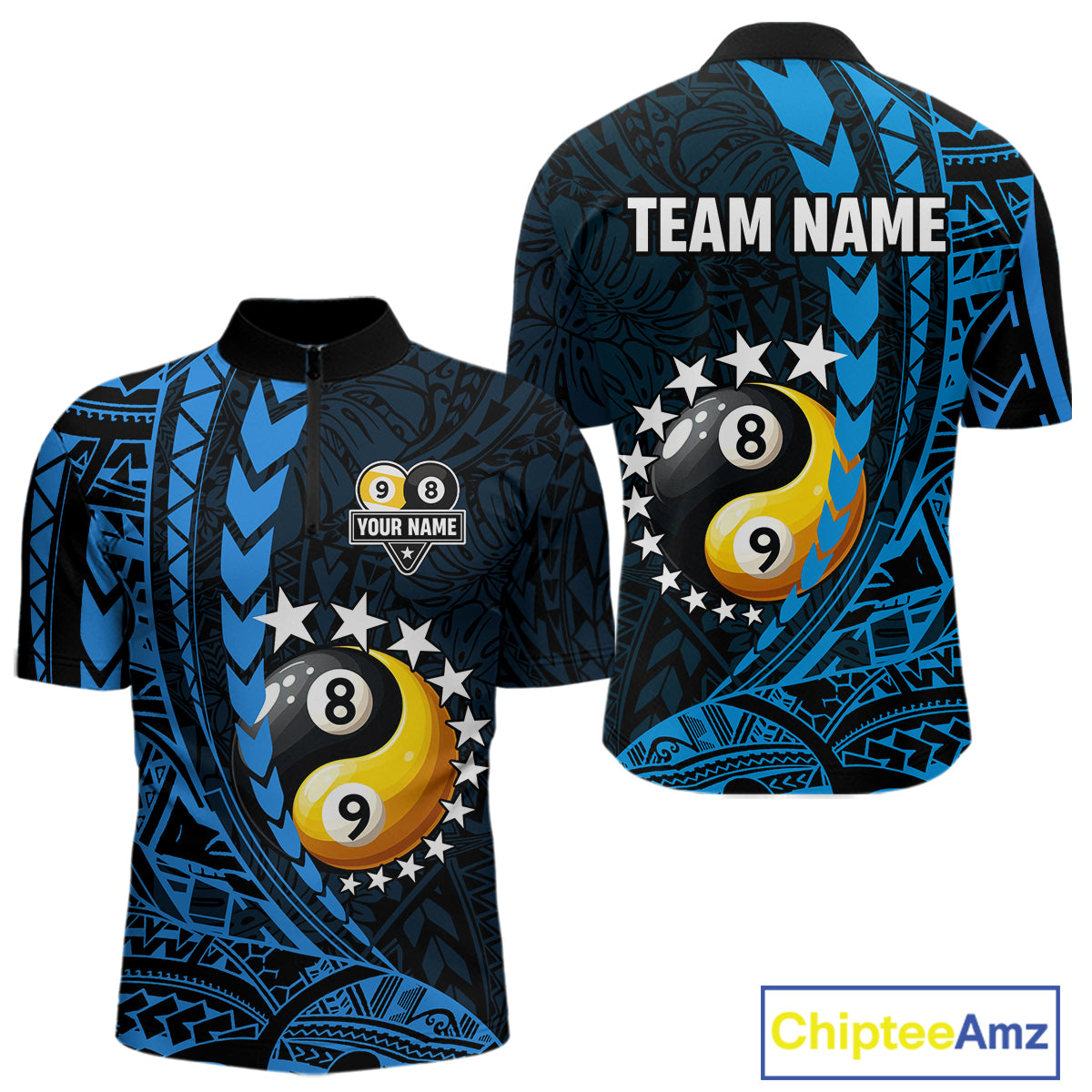 Custom Blue Tribal 8 Ball & 9 Ball Yin And Yang Billiard Shirt For Men, Funny Pool Team Jersey TDM5845