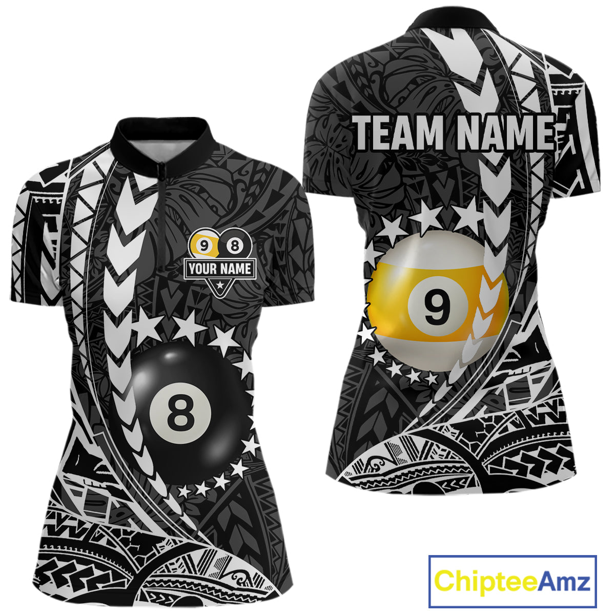 Custom White Black 8 Ball & 9 Ball Tribal Billiard Shirt For Women, Funny Pool Team Jersey  TDM5847