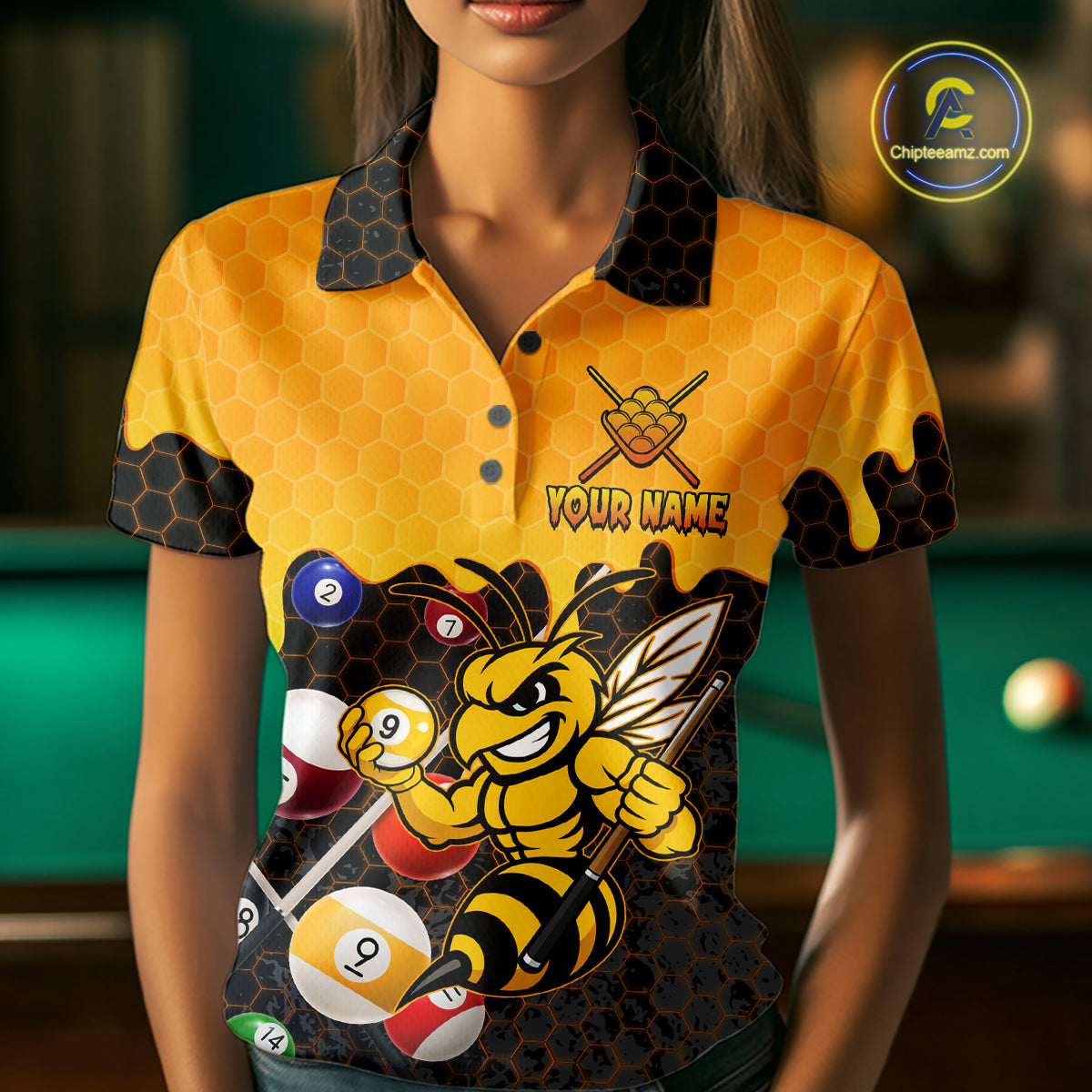Custom Yellow Black Funny Bee 9 Ball Billiard Shirt For Women, Pool Team Jersey Polo & 1/4 Zip TDM6005
