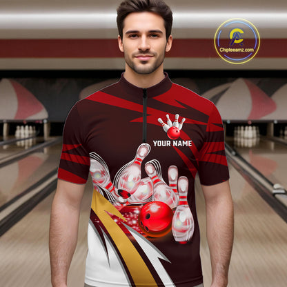 Personalized Red Strike Ball Bowling Shirt For Men Custom Team Bowling Jersey Polo & 1/4 Zip TDM6244