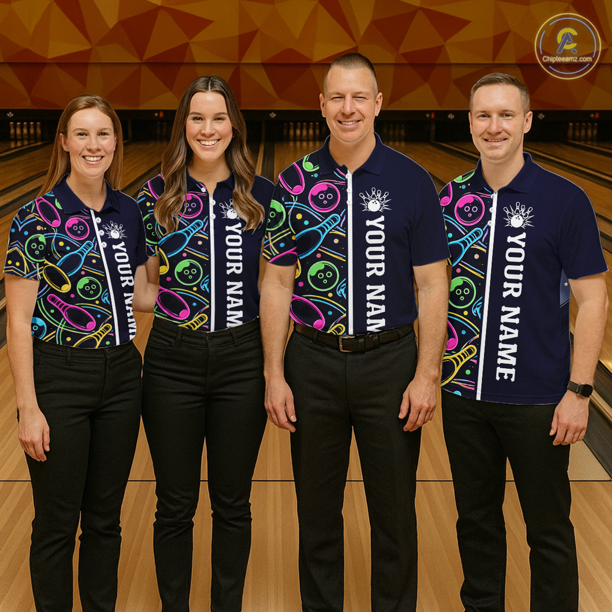 Personalized Funny Neon Bowling Shirt For Women, Retro Bowling Team Jersey Polo & 1/4 Zip | Navy Blue TDM6460