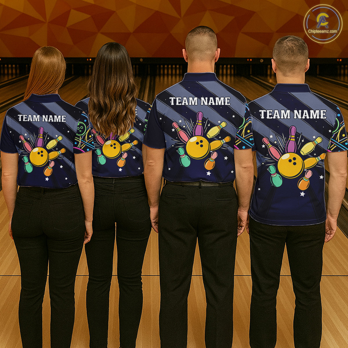 Personalized Funny Neon Bowling Shirt For Women, Retro Bowling Team Jersey Polo & 1/4 Zip | Navy Blue TDM6460