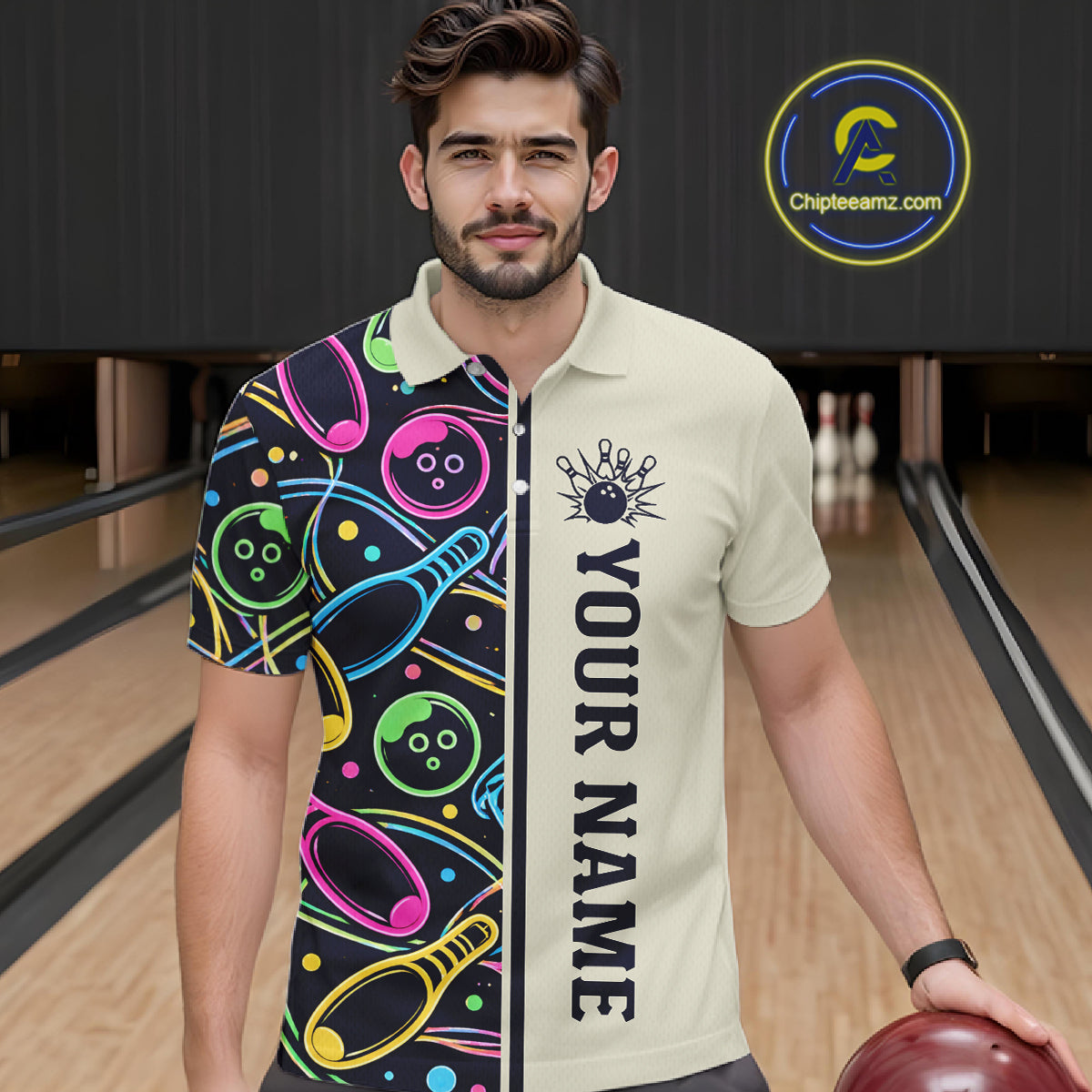Personalized Funny Neon Bowling Shirt For Men, Retro Bowling Team Jersey Polo & 1/4 Zip TDM6461