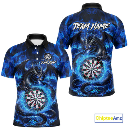 Personalized blue flame dragon darts polo shirt for men with vibrant fire and dragon inspired design.