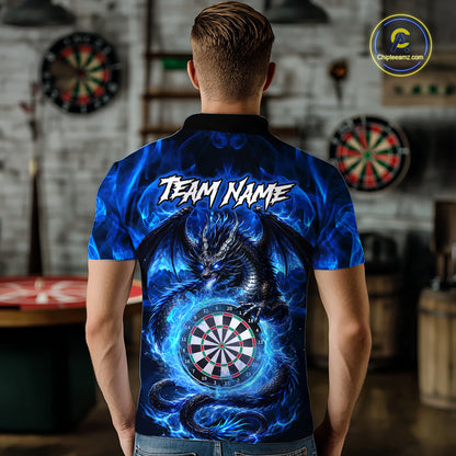 Back view of man wearing a blue flame dragon darts jersey inside a darts arena.
