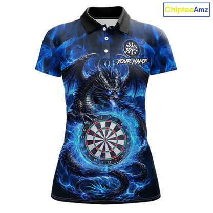 Personalized blue flame dragon darts polo shirt for women with bold league graphics and custom team style.